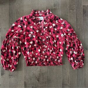 CAbi Womens Top Red Floral Corsage Ruffle Smock Hem Cottagecore Romantic‎ M